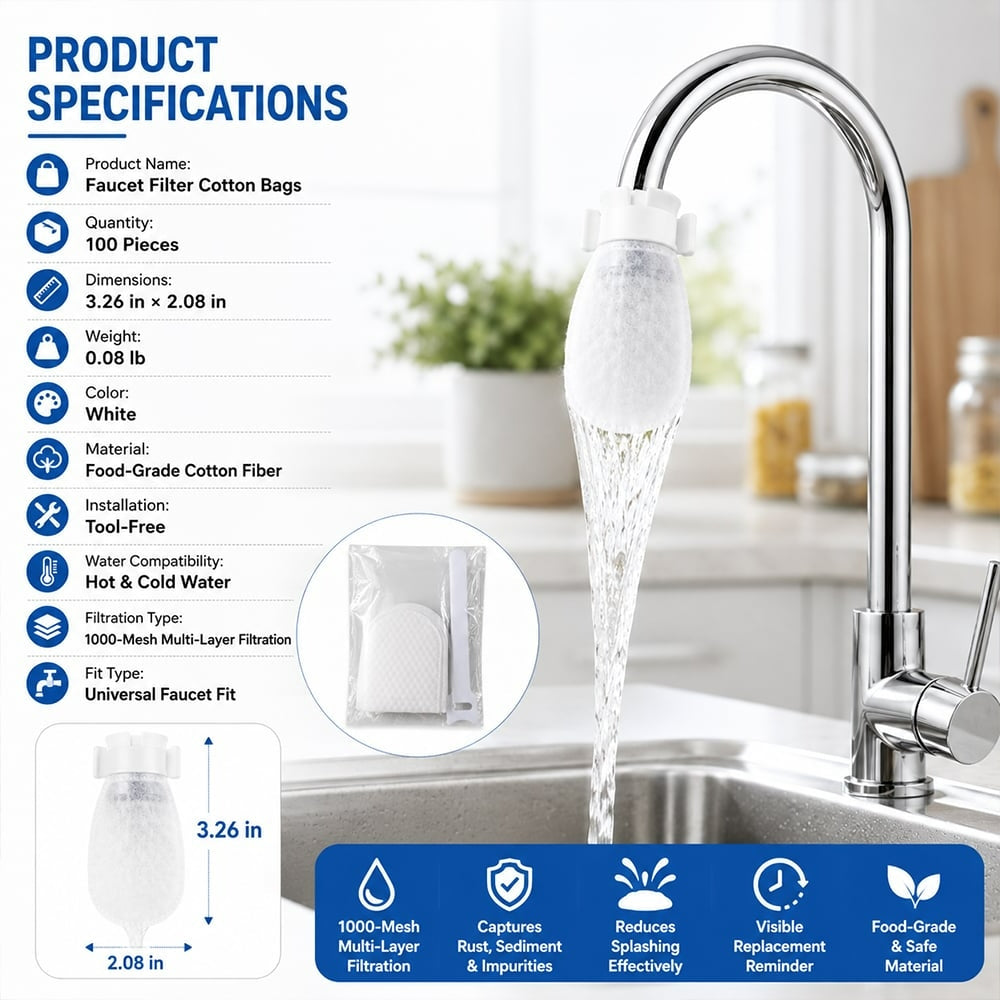 Faucet Filter Cotton Bags — 1000-Mesh Filtration, Universal Fit, Splash-Proof (100pcs)